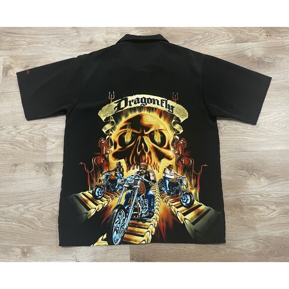 Dragonfly Clothing Biker Skull Shirt Men’s Large AOP Motorcycle Button Up VTG - Picture 10 of 10